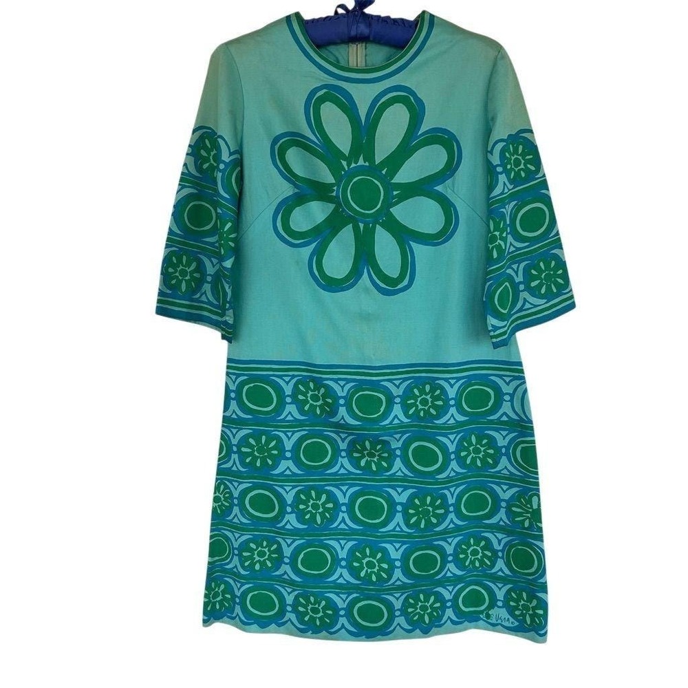 1960s Vera Neumann Dress Mod Psychedelic Floral Aqua Shift 10 for Lord & Taylor - Picture 8 of 16